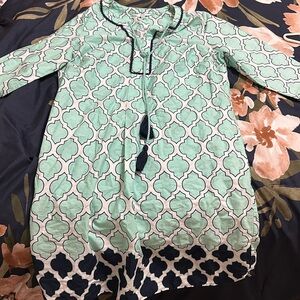 Teal black and white tasselled printed mini extra small crown & ivy dress